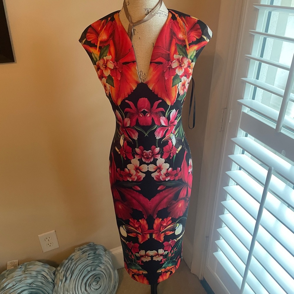 Floral V-Neck Dress - Red and Black